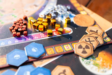 Moscow 18 June 2018, Components Of The Board Game At The Table. Terraforming Mars Game