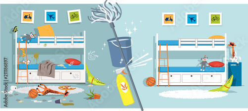 Fotografía Interior of a children bedroom before and after cleaning divided by cleaning too