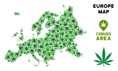 Wall Mural - Cannabis Europe map mosaic of marijuana leaves. Narcotic addiction concept. Vector Europe map is made of green weed leaves. Abstract area scheme in green color shades.