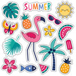 Cartoon style vector summer patches with cute pink flamingo, tropical leaves and flowers, summer fruits and popsicle. Isolated on white, for stickers, pins, badges, embroidery, temporary tattoos.