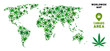 Cannabis world map composition of marijuana leaves. Narcotic distribution template. Vector world map is made of green cannabis leaves. Abstract territorial plan in green color hues.