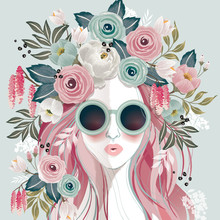 Vector Illustration Of A Sunglasses Girl With Floral Headdress In Spring For Wedding, Anniversary, Birthday Party. Design For Banner, Poster, Card, Invitation And Scrapbook	