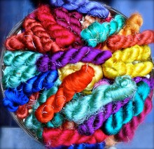 Birds Eye View Of A Basket Of Twisted Skeins Of Colourful Hand Spun Silk 