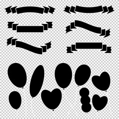 Wall Mural - A set of flat black isolated silhouettes of ribbons banners and balloons on a transparent background. Simple flat vector illustration. With place for text. Suitable for infographics