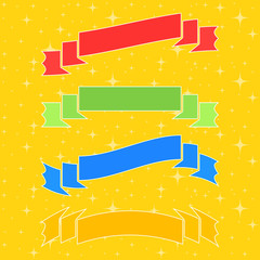 Wall Mural - Set of flat isolated colored ribbons and banners on a yellow background. Simple flat vector illustration. With place for text. Suitable for infographics, design, advertising, festivals, labels.