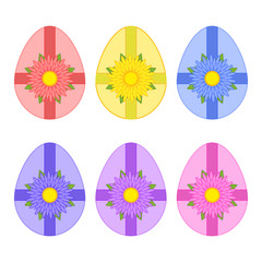 Wall Mural - A set of colored isolated Easter eggs tied with ribbons and a flower on a white background. Simple flat vector illustration. Suitable for decoration of postcards, advertising, magazines, websites.