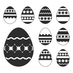 Wall Mural - Set of white Easter eggs isolated on a black background. With a pretty abstract pattern. Simple flat vector illustration.