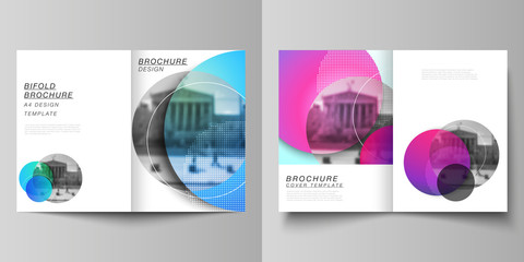 Wall Mural - The vector layout of two A4 format cover mockups design templates for bifold brochure, magazine, flyer, booklet, annual report. Creative modern bright background with colorful circles and round shapes