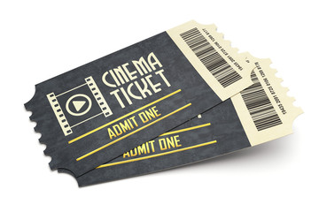 Two retro cinema tickets isolated on white background