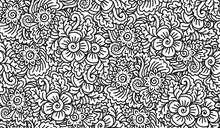 Black And White Lineart Doodle Flowers Vector Seamless Pattern Tile, Coloring Book