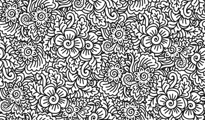 black and white lineart doodle flowers vector seamless pattern tile, coloring book