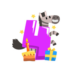 Poster - Sweet zebra and number four, Happy birthday, anniversary number with cute animal character vector Illustration on a white background