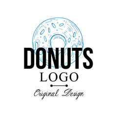 Wall Mural - Donuts logo original design, retro emblem for bakery shop, cafe, restaurant, cooking business, brand identity vector Illustration on a white background