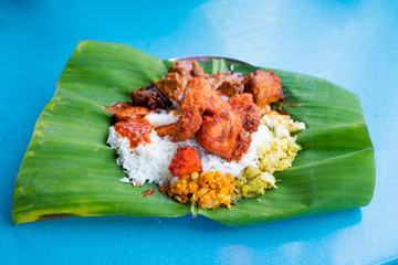 Malaysian banana leaf buffet meal