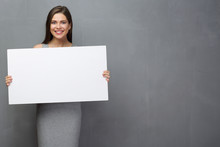 Smiling Woman Holding White Sign Board.