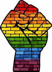 Wall Mural - LGBT Protest Fist - Illustration, 
Gay Pride Fist on a brick wall, 
Fight for gay LGBT rights rainbow fist