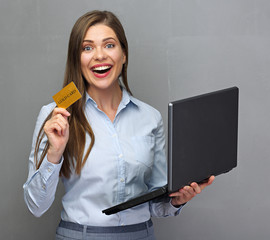 Woman bank employee holding credit card