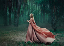 A Mysterious Blonde Girl In A Long Pink Dress With A Train And A Raincoat That Flutters In The Wind. The Wizard Leaves In A Forest Covered With Fog. A Background Of Trees With A Haze Away. Art Photo