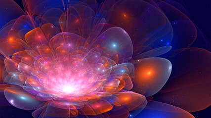 Poster - abstract 3d colorful fractal flower illustration in blue and orange color