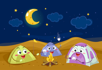 Canvas Print - Mascots Camp Tent Night Desert Illustration