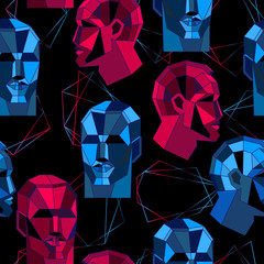 Wall Mural - Seamless pattern with polygonal human face and shapes. Abstract futuristic concept design. Vector illustration 