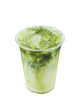 isolated matcha green tea milk with ice in plastic takeaway cup on white background