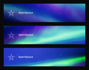Sticker - Set of horizontal banners with beautiful starry sky and Northern lights. Vector illustration with aurora borealis. Abstract colorful headers for website