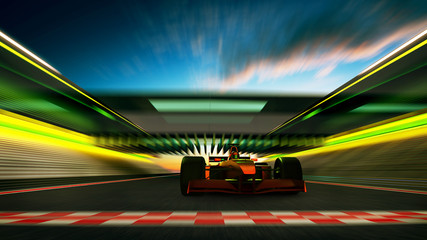 Sport racing car driver pass the finishing line achieve the champion dreame , motion blur and lighting effect apply . 3D rendering and mixed media composition .