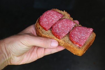 Poster - Sandwiches with sausage in the hand