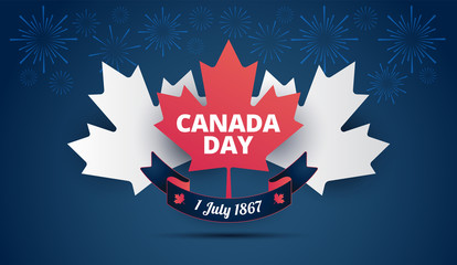 Wall Mural - Canada Day blue background with Canada maple leaf, Canadian flag, holiday ribbon, fireworks - vector illustration