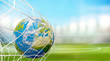 earth globe soccer ball in soccer net. goal 3D-illustration. elements of this image furnished by NASA