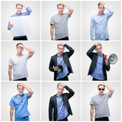 Wall Mural - Collage of handsome young man wearing differents outfits stressed with hand on head, shocked with shame and surprise face, angry and frustrated. Fear and upset for mistake.