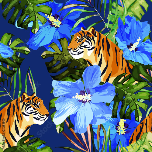 Exotic seamless pattern. Tropical leaves, hibiscus and tiger. Vector illustra...