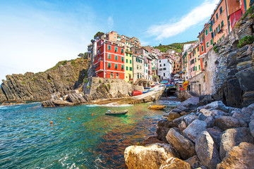 Wall Mural - incredible landscape with rocks on the coast of riomaggiore in cinque terre, liguria, italy, europe 