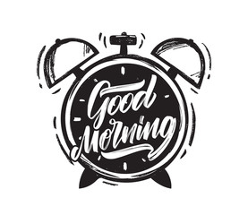 Wall Mural - vector illustration: handwritten brush type lettring of good morning with hand drawn alarm clock on 