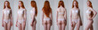 Collage snap red hair models. Beautiful slim tanned woman in white underwear, with no retouching on gray background