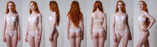 Collage Snap Red Hair Models. Beautiful Slim Tanned Woman In White Underwear, With No Retouching On Gray Background
