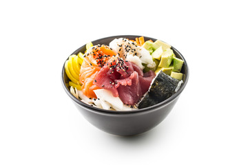 Japanese food mix chirashi don with sea fish salmon and tuna.