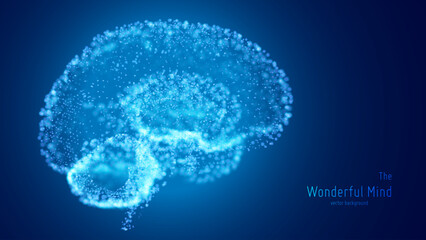 Wall Mural - Vector blue illustration of 3d brain with glowing neurons and shallow depth of field. Conceptual image of idea birth or artificial intelligence. Shiny dots forms brain structure. Futuristic mind scan.