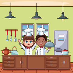 Poster - Chef kids cooking at kitchen cartoons vector illustration graphic design