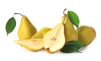 Wall Mural - Delicious ripe pears on white background