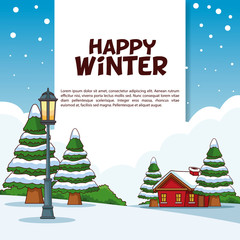 Poster - Happy winter poster with cute kids playing cartoons vector illustration graphic design