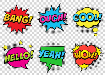 Wall Mural - retro comic speech bubbles set on transparent background. expression text bang, cool, ouch, hello, y
