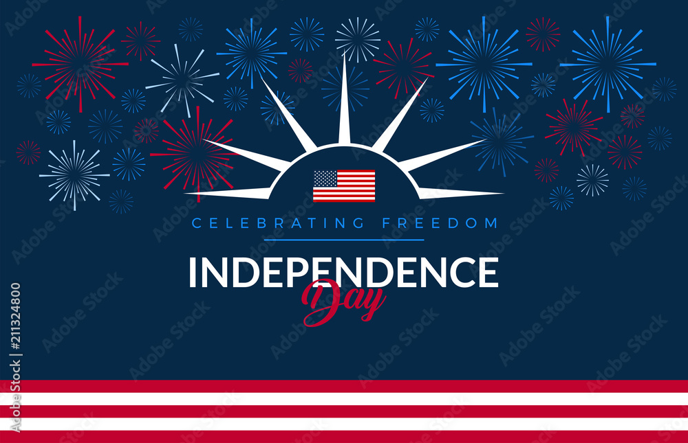 Happy 4th of July fireworks - Independence Day USA blue background with the United States flag and 4th of July typography - vector illustration - obrazy, fototapety, plakaty 