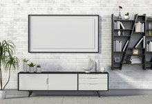 3D Rendering Of Living Room Interior With Sideboard, Plants, Cabinet, Bookshelf And Mockup Blank Poster On A Wall 