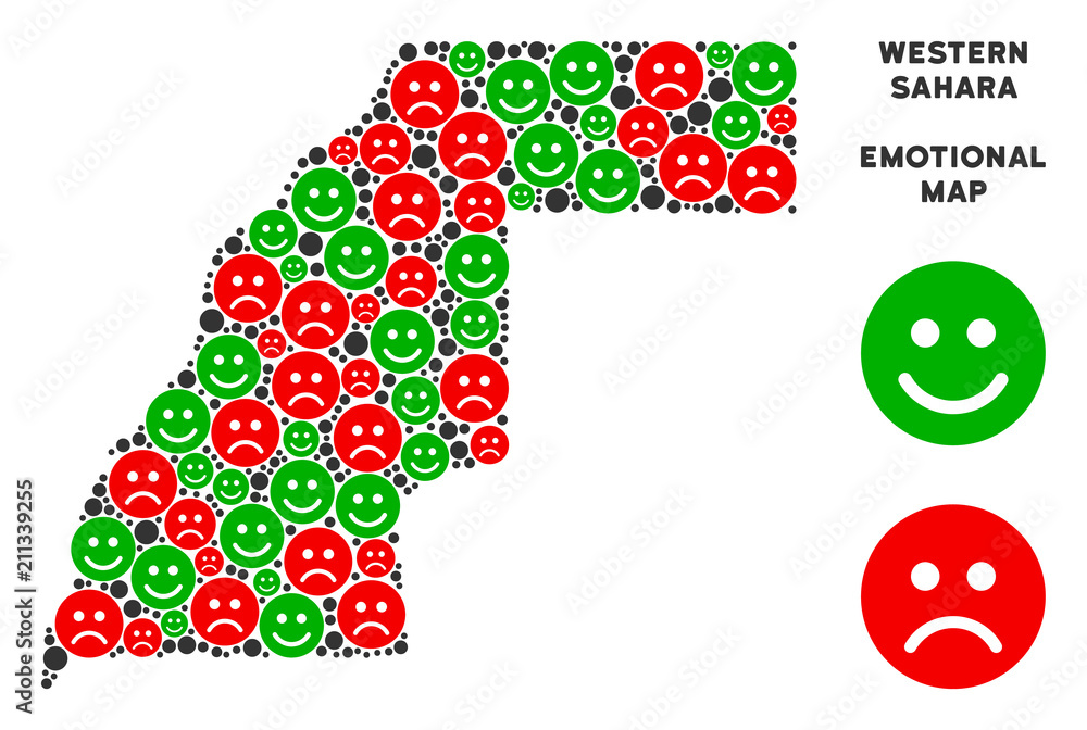 Happiness and sorrow Western Sahara map mosaic of emojis in green and ...