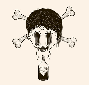 Character (boy) and bottle with a poison sign. Skull boy. Vector illustration
