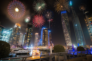 Wall Mural - Firework display at Dubai marina at night, UAE