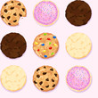 Seamless repeating background of chocolate chip, icing and sprinkles, fudge, candy, and sugar cookies on a pastel pink background