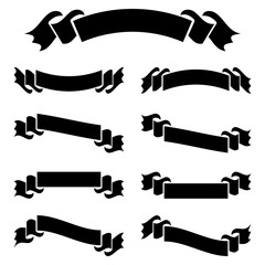 Wall Mural - A set of flat black isolated silhouettes of ribbons banners on white background